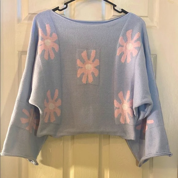 Kawaii Cute Adorable Floral Blue and Pink Knit Sweater - Picture 3 of 12